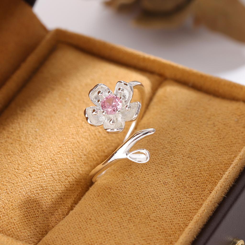 925 Silver Pink Crystal Flower Opening Ring for Women Fashion Jewelry R380