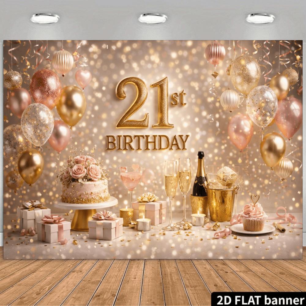 Sfondo di compleanno 2D con palloncini colorati e la scritta "21° Compleanno" in oro, adatto per ambienti interni/esterni.