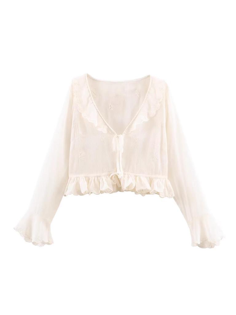 European & American Style Women's Chiffon Shirt with French Lace-up Waist, Embroidered Ruffles, and Long Sleeves