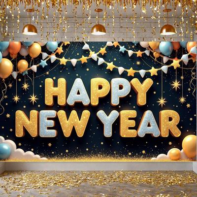 Happy New Year Banner Balloon Decor New Year Banner Photo Backdrop Navy Background Holiday Banner For Holiday Celebration Office