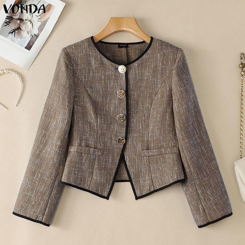 VONDA Women Elegant Long Sleeve O Neck Contrast Trim Peplum Blazer Cardigan
