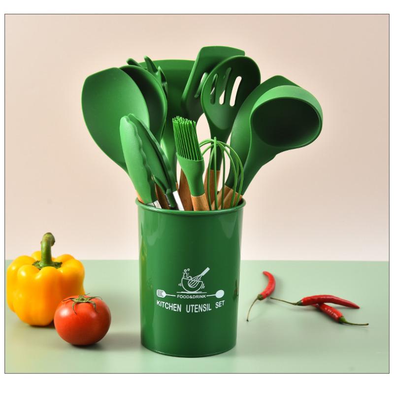 12Pcs Silicone Utensils Set  Non-Stick Cookware Wooden Handle Spatula Shovel Egg Beaters Kitchenware Kitchen Accessories
