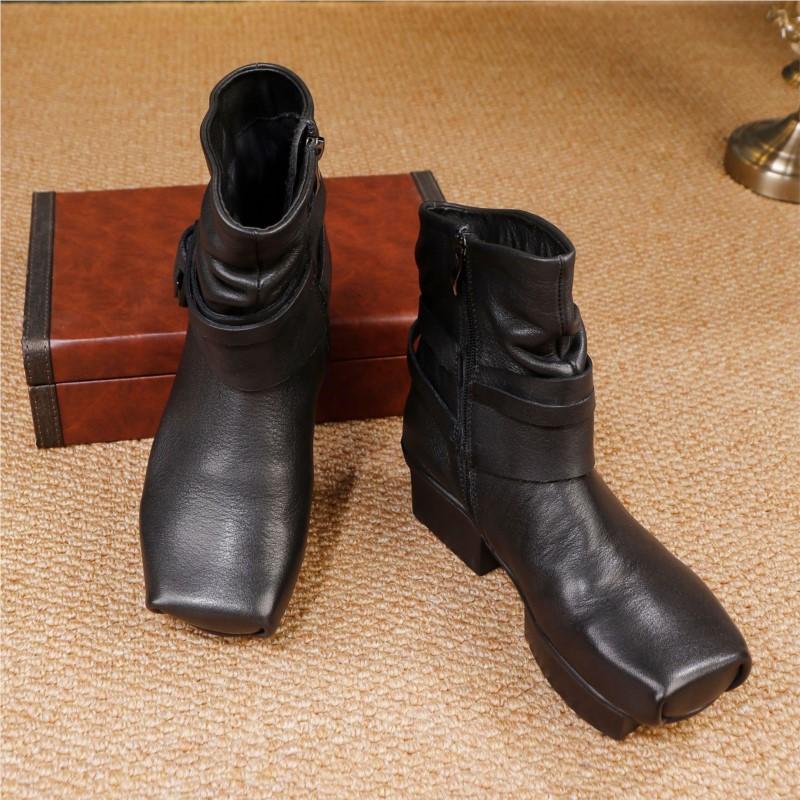 Johnature Cowhide Women's Short Boots Genuine Leather Versatile Mid Heel Square Toe Boots