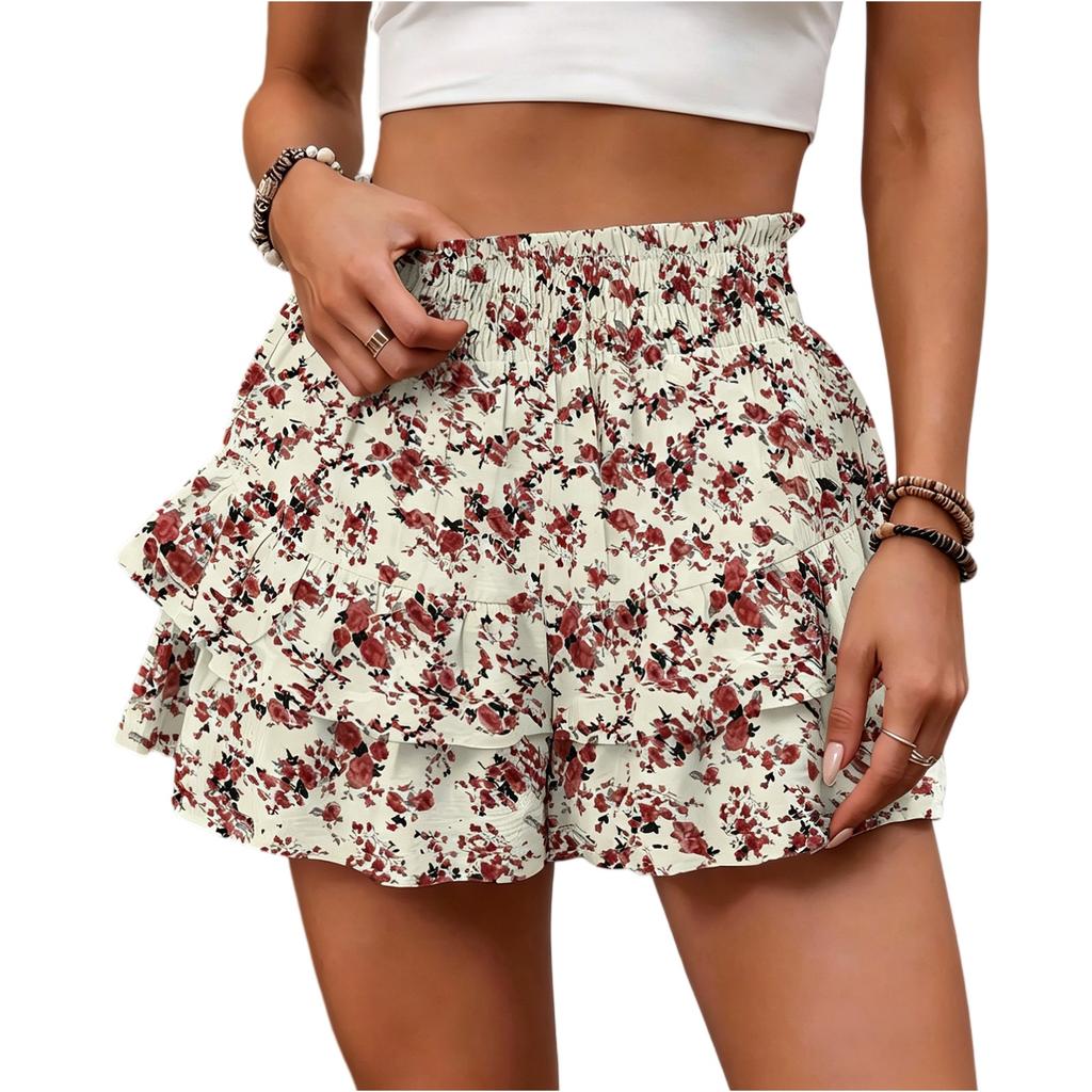 Women’s High Waist Ruffle Hem Polka Dot Print Casual Loose Fit Shorts with Elastic Waistband and Layered Design