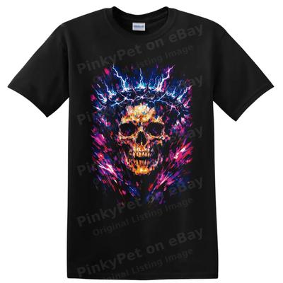 Skull Lightning Abstract Art T Shirt Gothic Neon Electric Graphic Tee Unisex