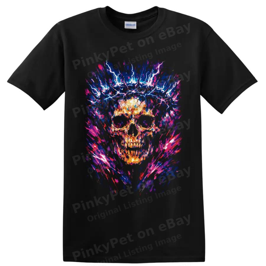 Skull Lightning Abstract Art T Shirt Gothic Neon Electric Graphic Tee Unisex