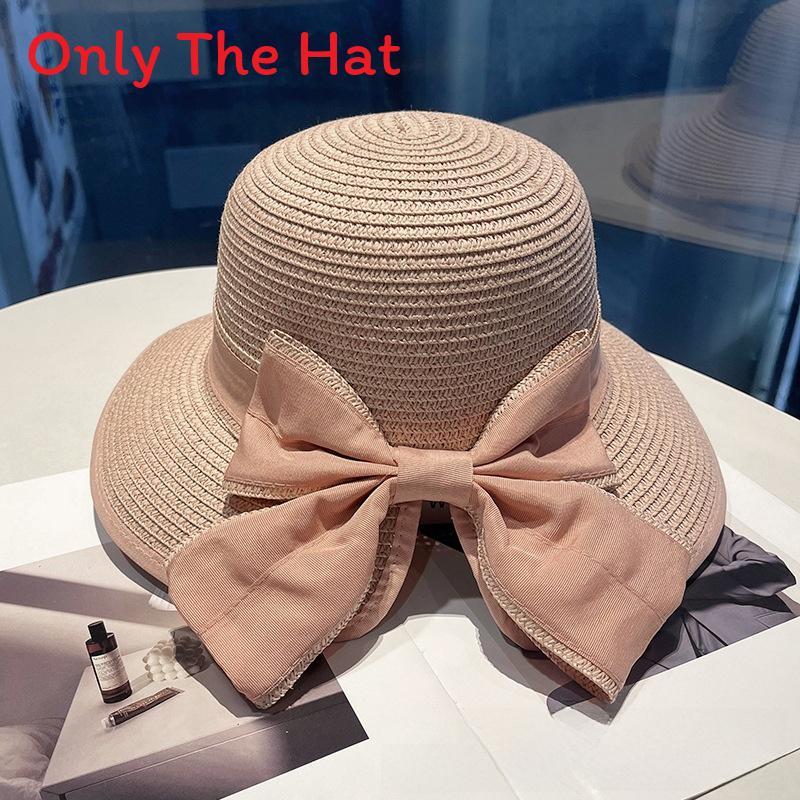 

Paper Straw Wide Brim Sun Hat With Bow For Summer Beach Vacation Women розовый