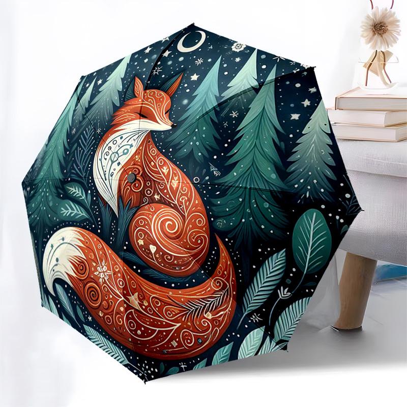 

1pc Forest Fox Fantasy: Automatic Folding Umbrella with 3-Fold Design, Iron Frame for Outdoor Use - Perfect Gift for Fans, Travelers, and Daily Use.KK