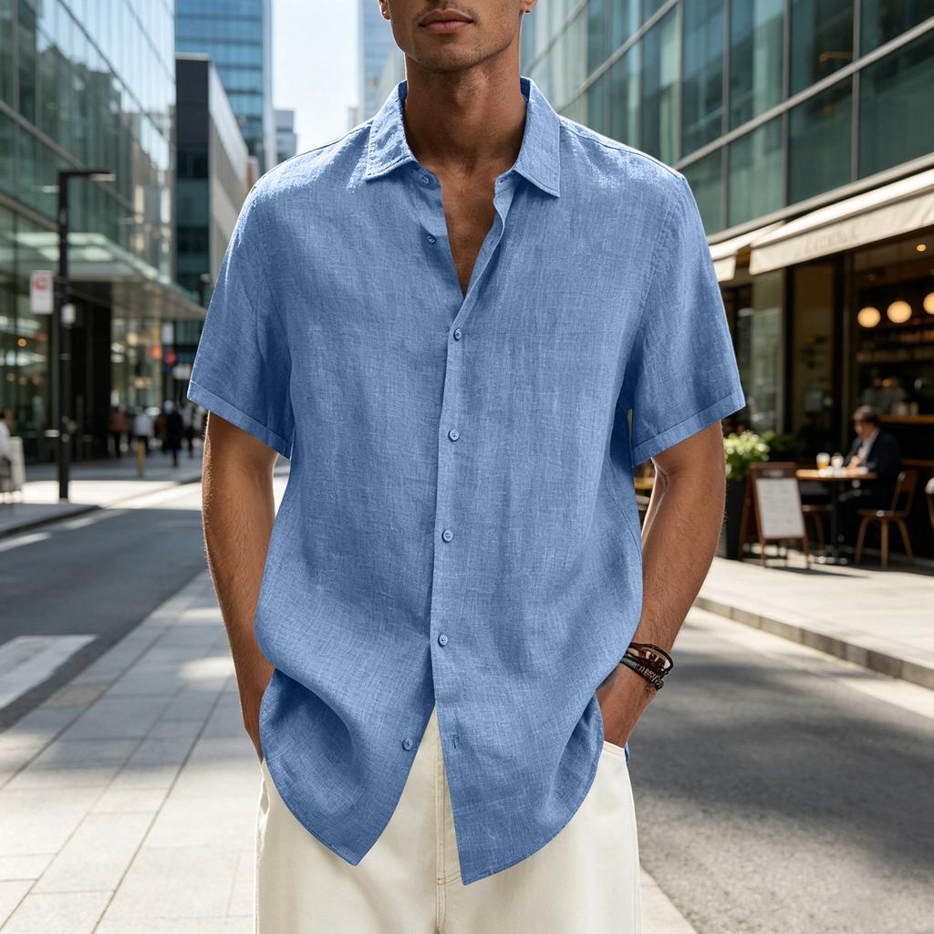 Men's Short Sleeve Button Down Shirt Lightweight Linen Blend Casual Loose Fit Summer Top with V Neck Collar