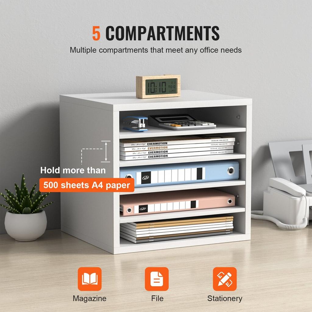 Literature Organizers, 5 Compartments Office Mailbox with Adjustable Shelves, Wood Literature Sorter 13.9x12x13 Inches for Office, Home, Classroom,
