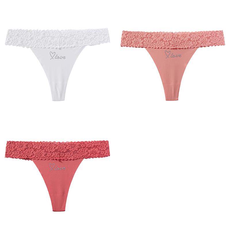 CINOON 3 Stück/Los Damen Sexy Niedrig geschnittener Tanga Spitze am Bund Nahtloser Slip Einfarbiger Leichter Atmungsaktiver Tanga