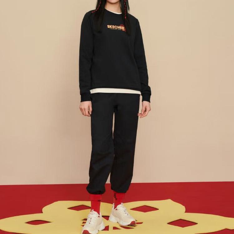 Skechers New Year Series Letter Print Round Neck Casual Sports Pullover Sweatshirt Women Sweatshirt Carbon-Black L122W072-0018