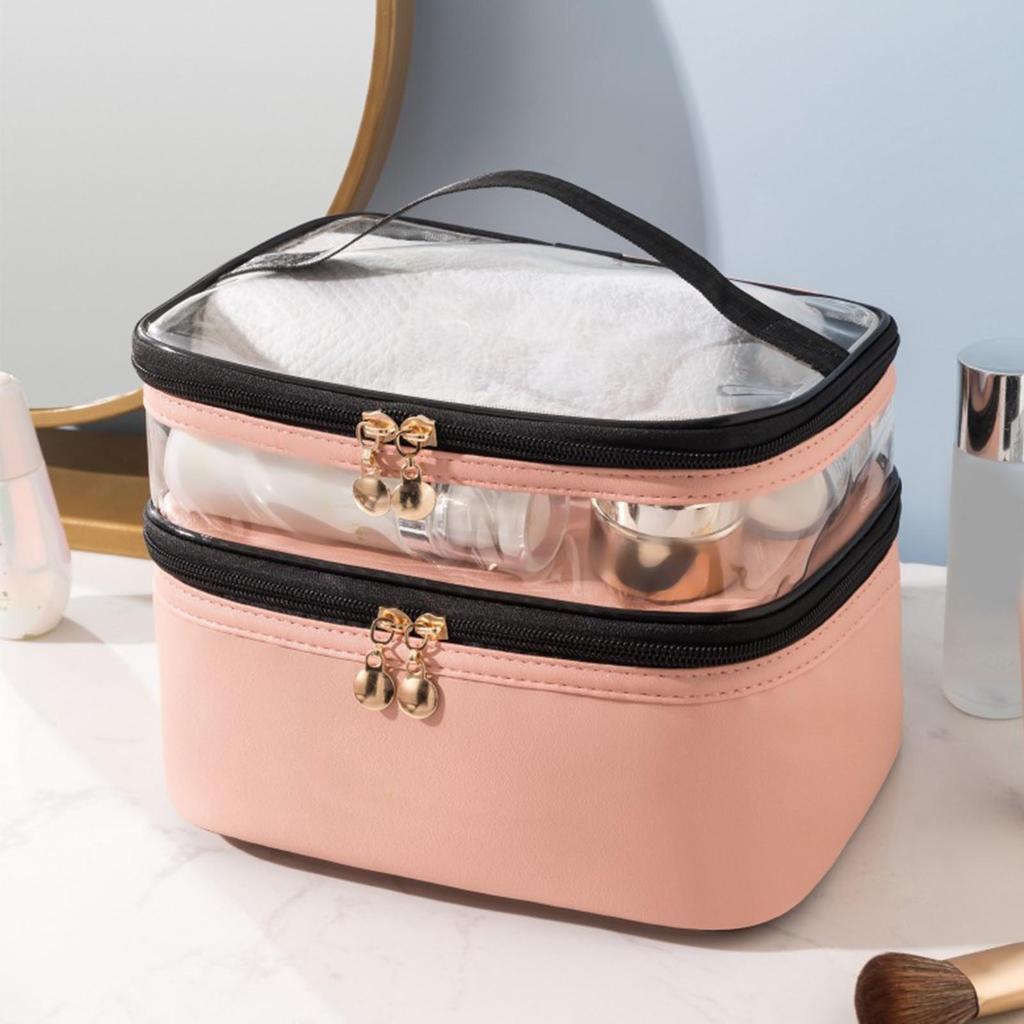Double Layer Makeup Bag with Smooth Zippers Comfortable Handle Waterproof Sealed Travel Cosmetic
