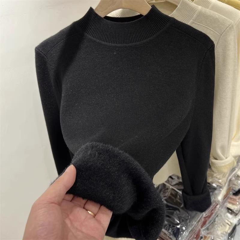 Core-spun yarn integrated fleece, autumn and winter half-height round neck fleece thickened solid color knitted sweater for women