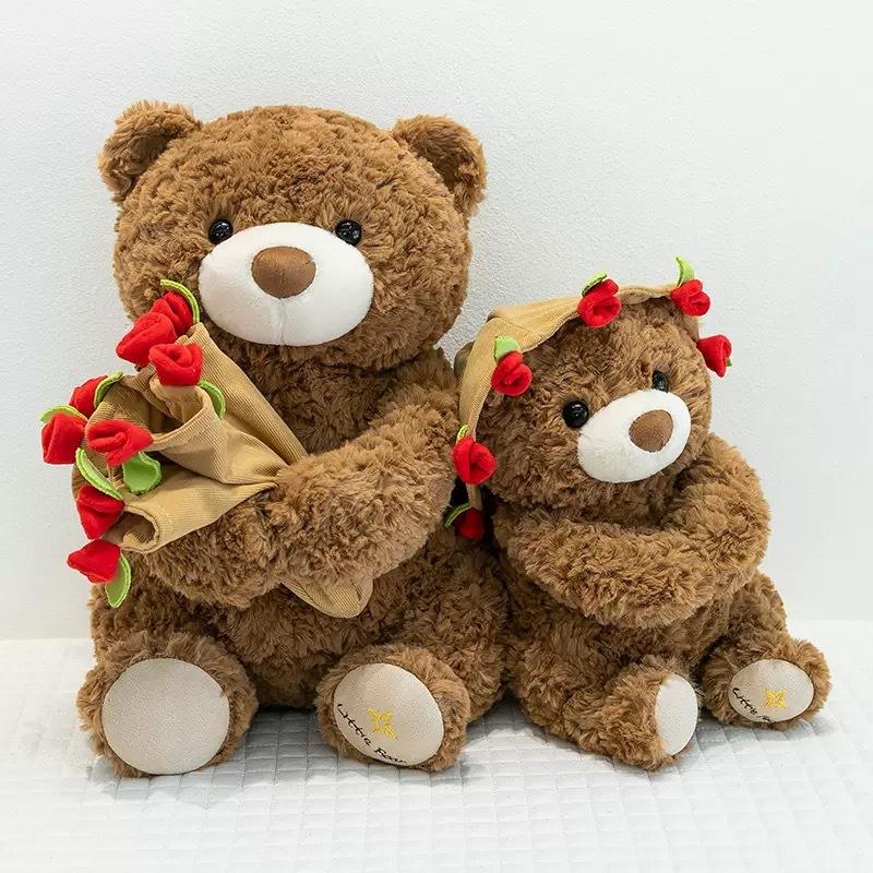 Rosenbär Teddybär mit Hut, Plüschtier mit Blume, Valentinstags Geburtstagsgeschenk für Freundin Frauen