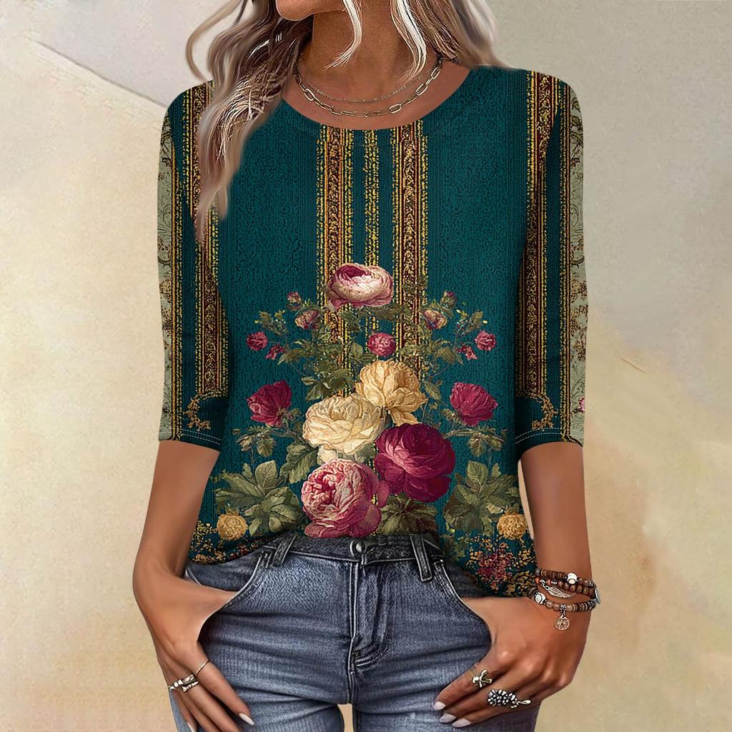 Trendy Vintage 3/4 Sleeve Top For Women,Ladies Casual Three Quarter Sleeve Round Collar Printed T-Shirt Blouse