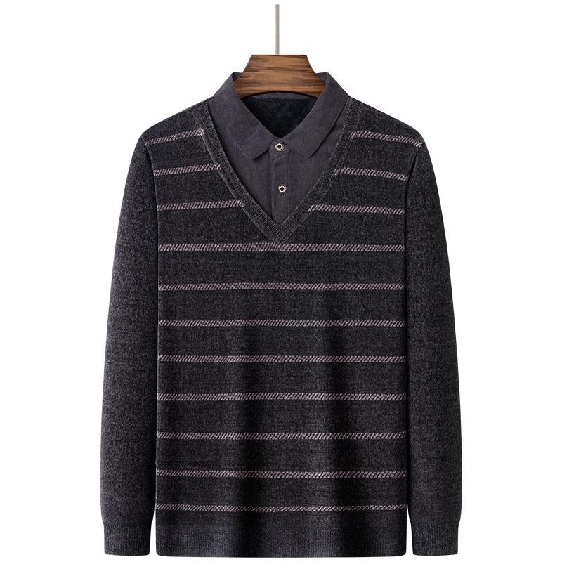 Dad's Winter Warm Chenille Knitwear: Men's Fleece-Lined Two-Piece Sweater with Thick Shirt Collar for Autumn/Winter.