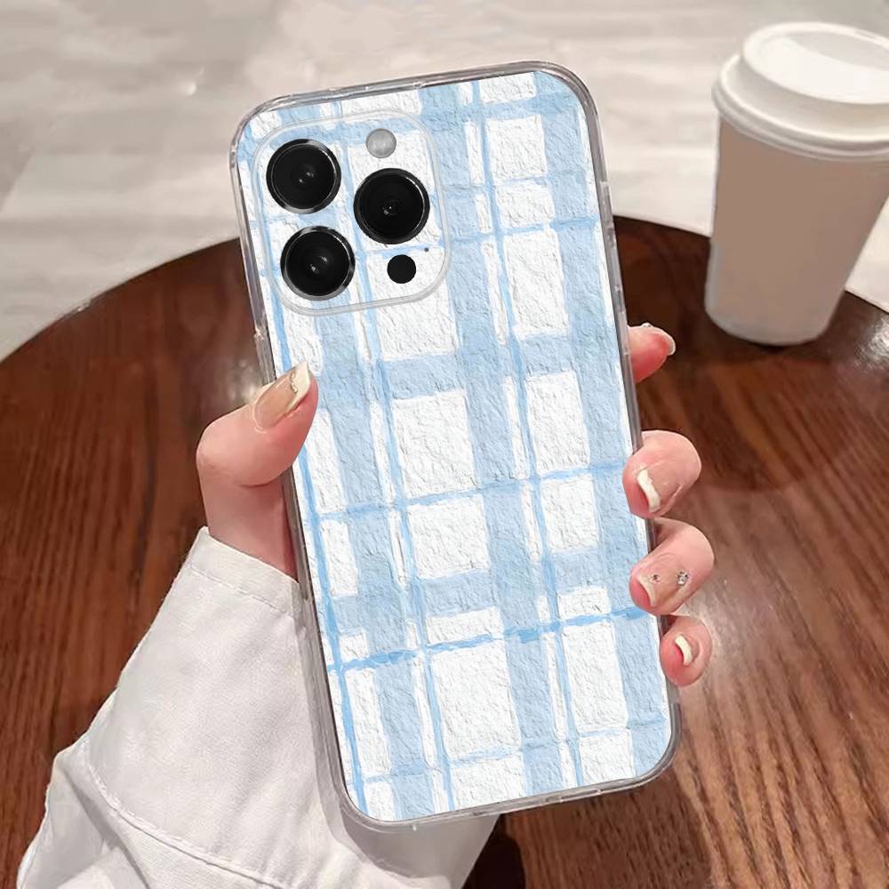 Ins Korean Blue Striped Grid Phone Case For iPhone 17,16,15,14,13,12,11 Plus,Pro,Max,XR,XS,Plus,E,SE4,Mini Transparent Cover