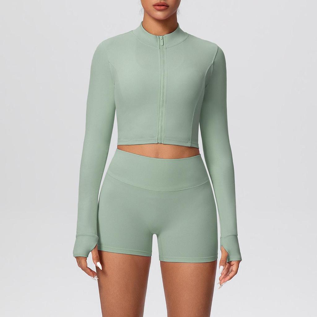 High-Waisted Hip-Lift Sports Shorts & Zip Jacket Yoga Set - Nude Feel for Casual Run & Fitness