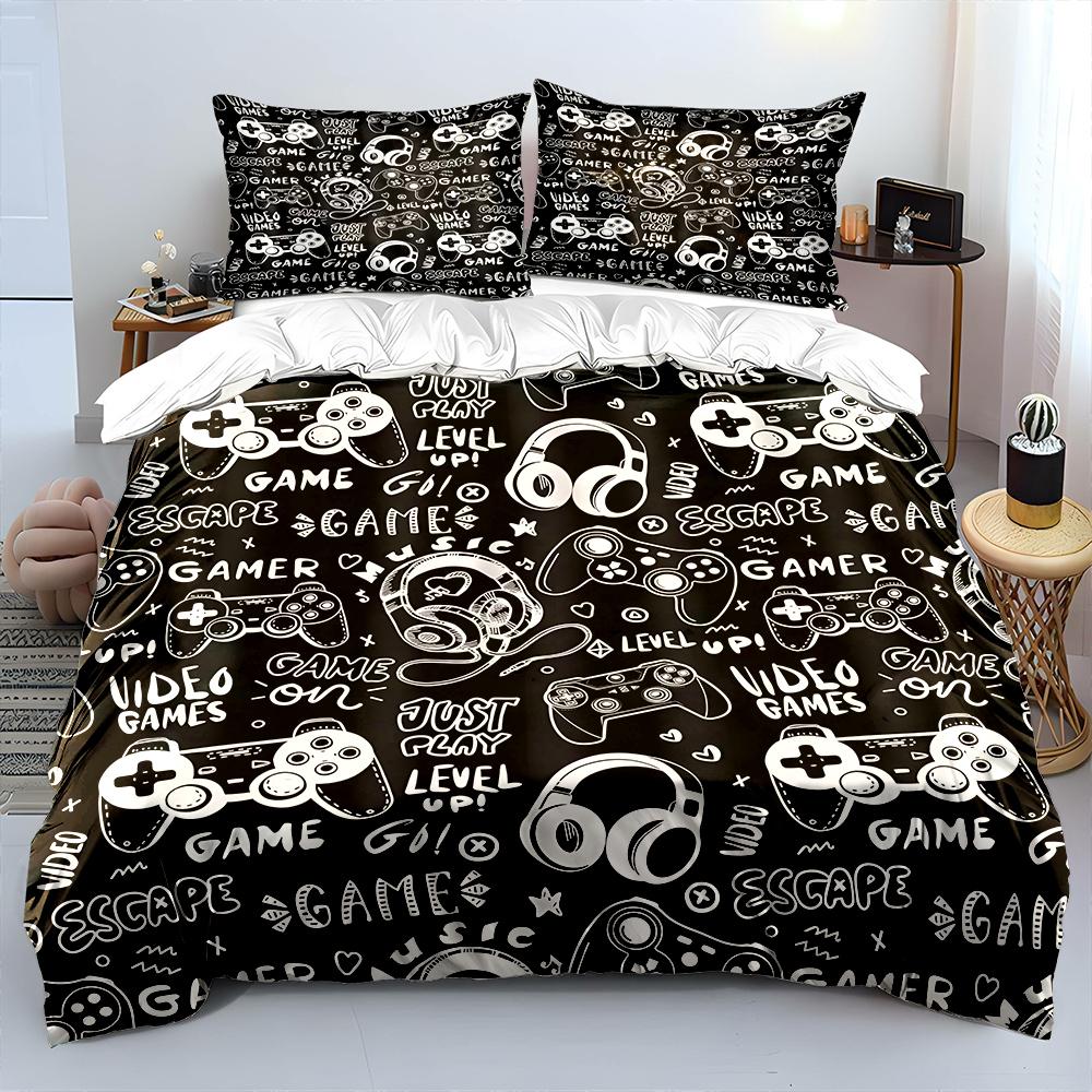 Gaming-Themen-Doodle-Design Bettwäsche-Set Für Kinder Luxusgeschenk 3-teiliges Digitaldruck-Bettdecken-Set Weich Bequem Atmungsaktiv