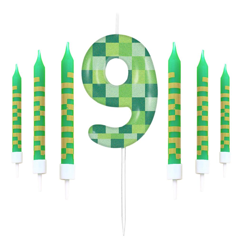 7pcs Green My World Candle Birthday Party Pixel Theme Birthday Party Video Game Party Decoration  0-9 Cake Top Digital Candles