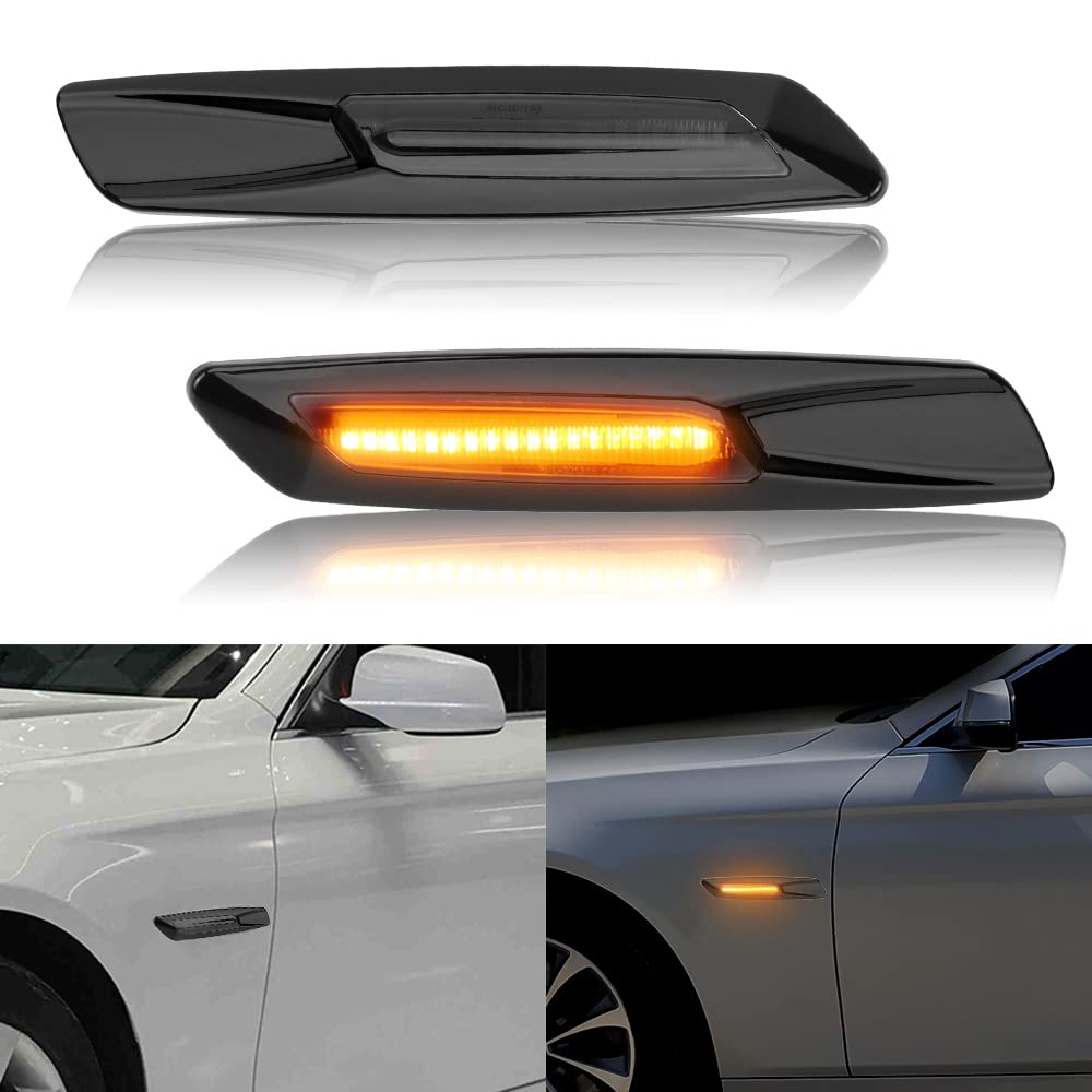 2pcs Led Dynamic Fender Side Marker Lamp Sequential Turn Signal Light Black Lens Yellow