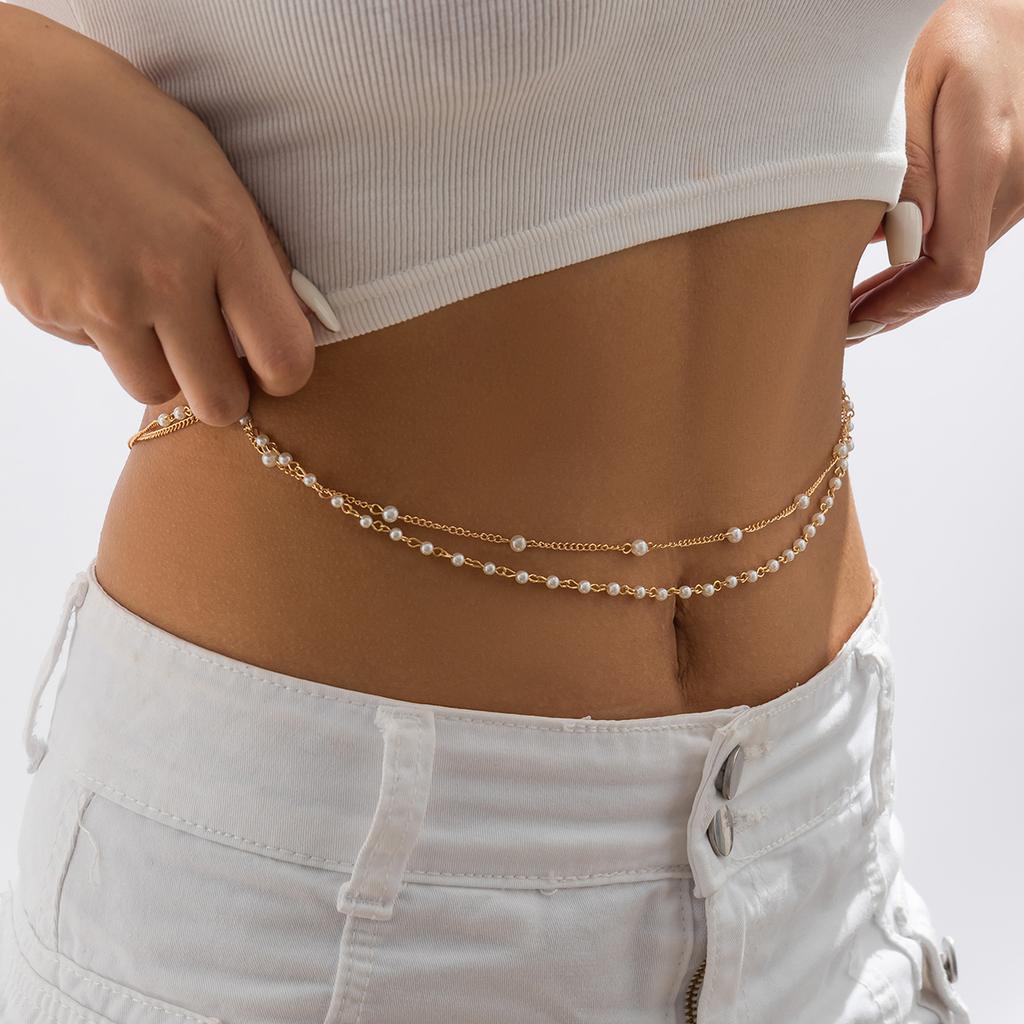 2Pcs/Set Sexy Boho Imitation Pearl Belly Waist Chain for Women Summer Bikini Double Layer Belt Body Jewelry Festival Accessories