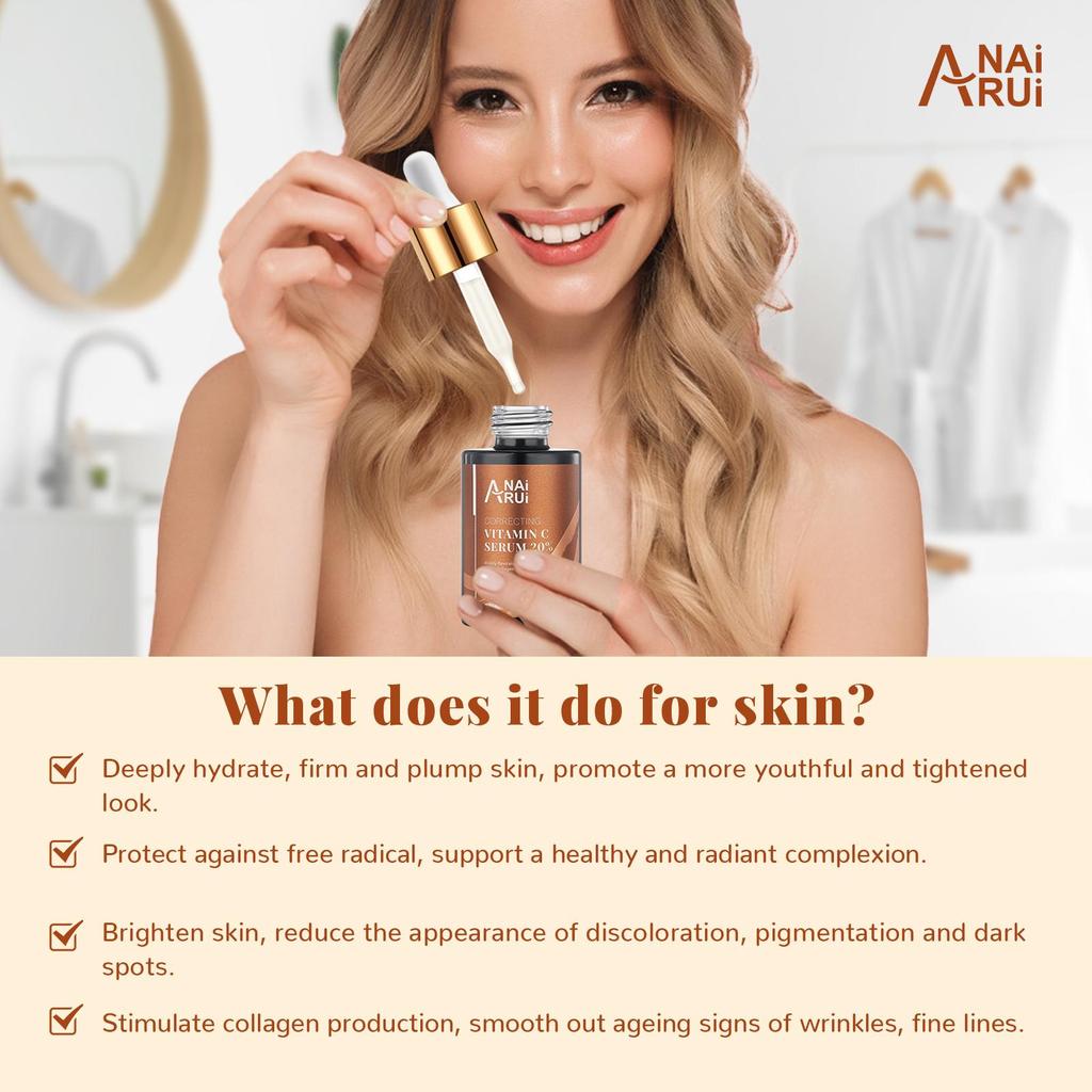 ANAiRUi 20% Vitamin C Facial Serum, Antioxidant Hydrating Skin Care with Hyaluronic Acid & Vitamin E 30ml