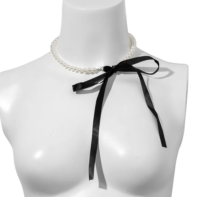 Trend Wedding Party Jewelry Long Black Ribbon Choker Necklace for Women Elegant White Imitation Pearl Beach Vacation Necklaces