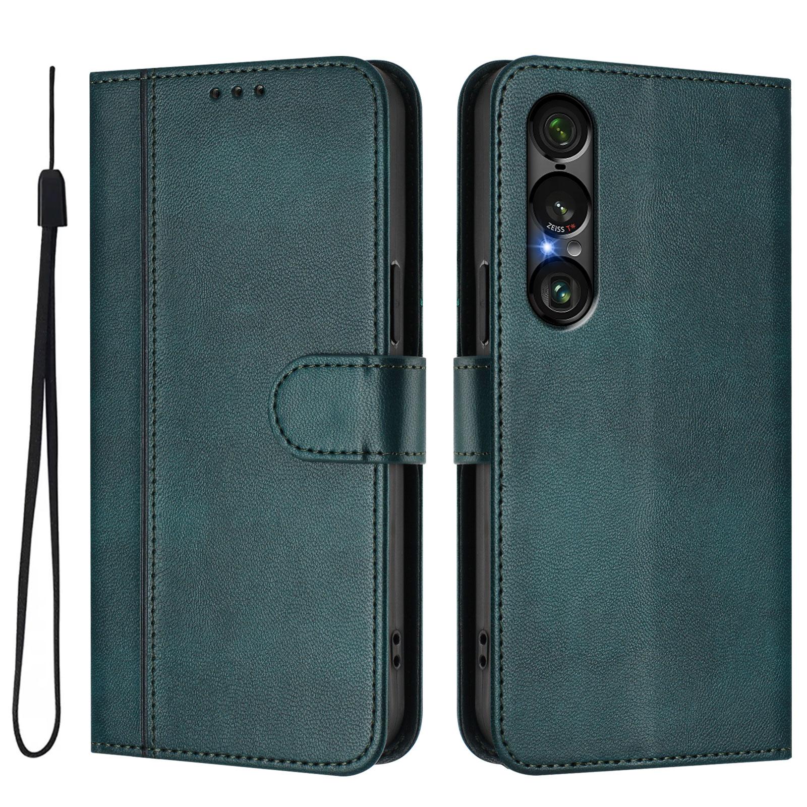 

For Sony Xperia 1 VII Cases Wallet Stand Retro Texture Leather Phone Cover with Lanyard Dark Green