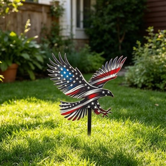 4th of July Garden Stake Stars And Stripes Eagle Yard Art Stake Patriotic Outdoor Decoration with Ground Stake for Flower Bed Lawn