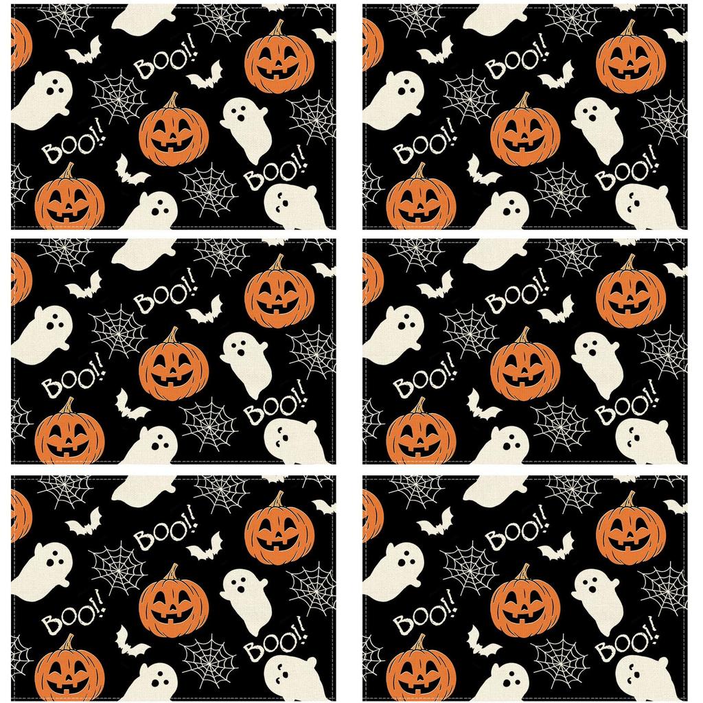 Boo Spooky Ghost Pumpkin Halloween Cloth Placemats Set of 6 Table Mats Table Decorations 12x18 Inch