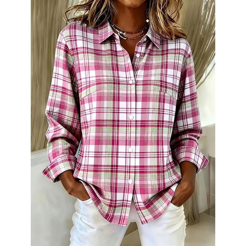 Plus Size, Plus-size Fashion Long-sleeve Lapel Casual Plaid Print Shirt