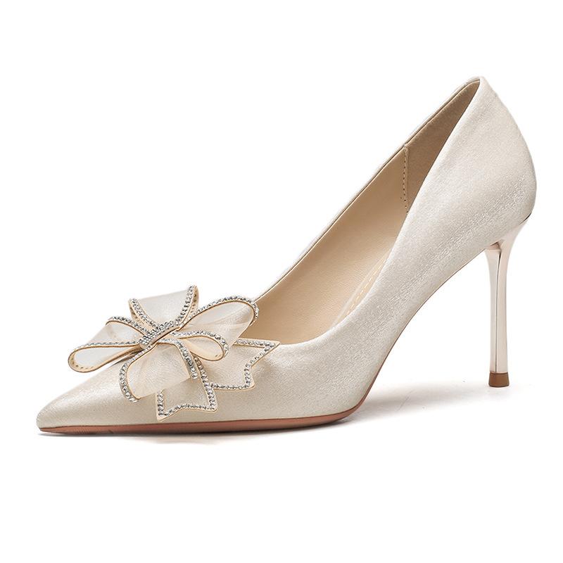817-11 French High-heeled Wedding Shoes Women's 2025 New Rhinestone Bow Bridal Shoes Pointed Stiletto Single Shoes