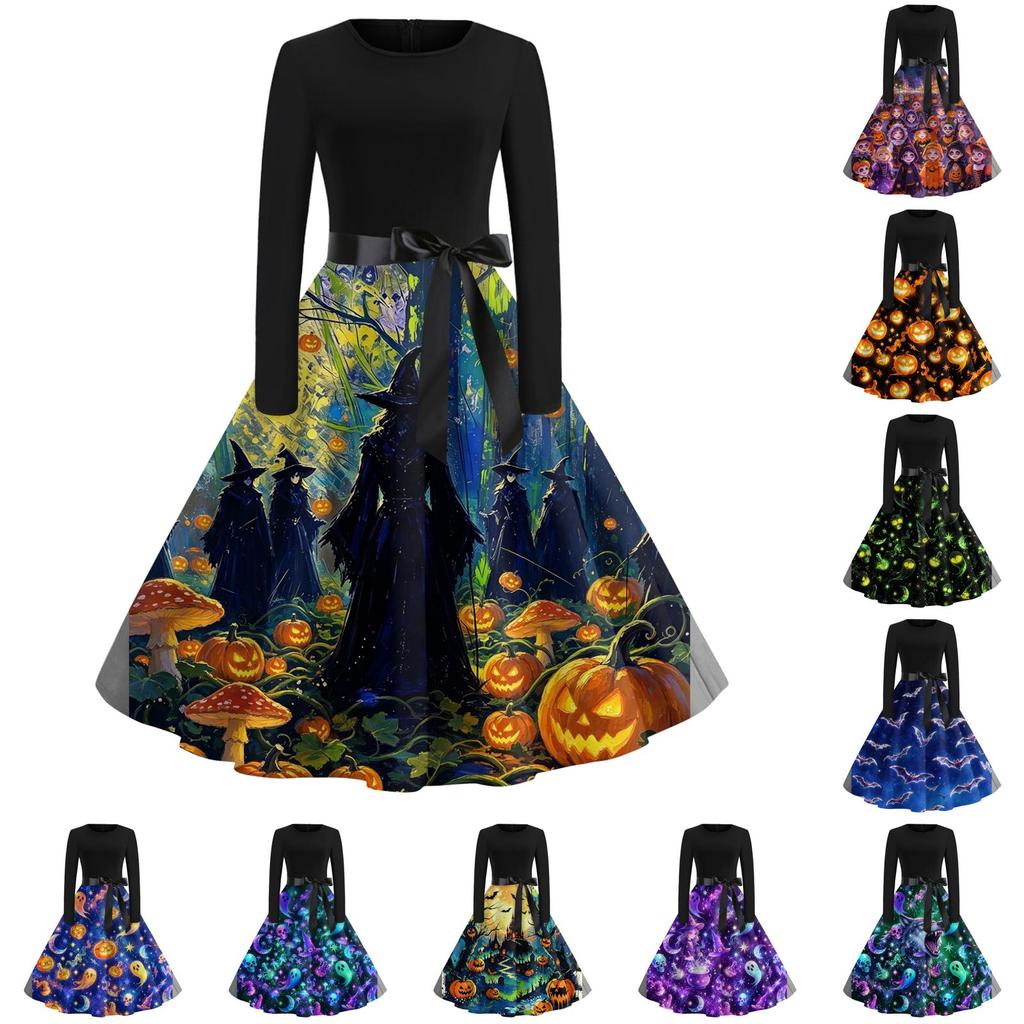 Women Crew Neck Halloween Print Dress Long Sleeve Casual Style and Patterned Midi Dress with Ribbon Waist Tie
