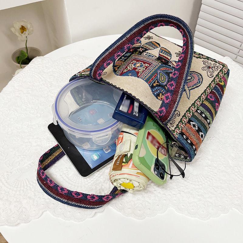 Ethnic Style Handbag Trendy Animal Embroidery Handbag Canvas Women Shoulder Bags Women Grocery Storage Pouch