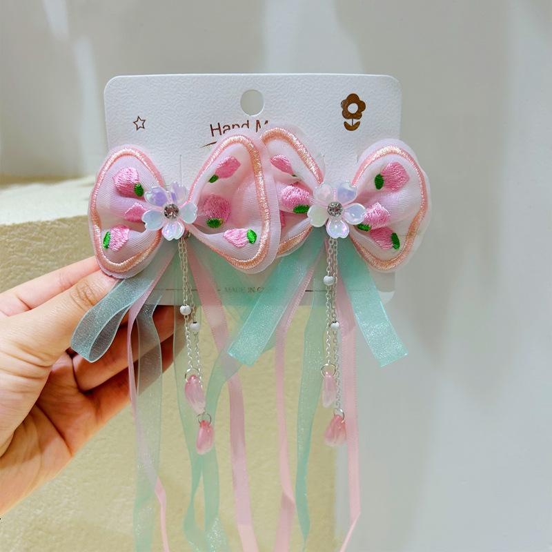 Podoabă de păr Hanfu de zână pentru copii: Clips de păr drăguț cu fundă, ciucure și panglică