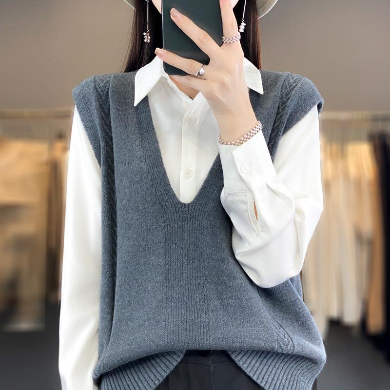 Podzimní dámská pletená vesta s hlubokým véčkovým výstřihem přes ramena, pulovr, žakárový volný svetr