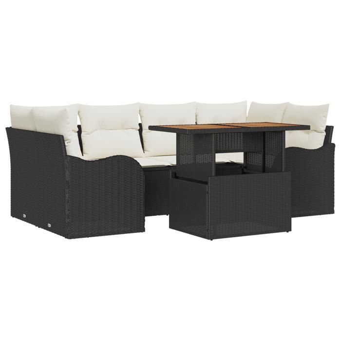 Ensemble de canapé de jardin 7 pièces avec coussins en poly rotin noir acacia, Canapé de jardin 2 places avec coussins 3349410