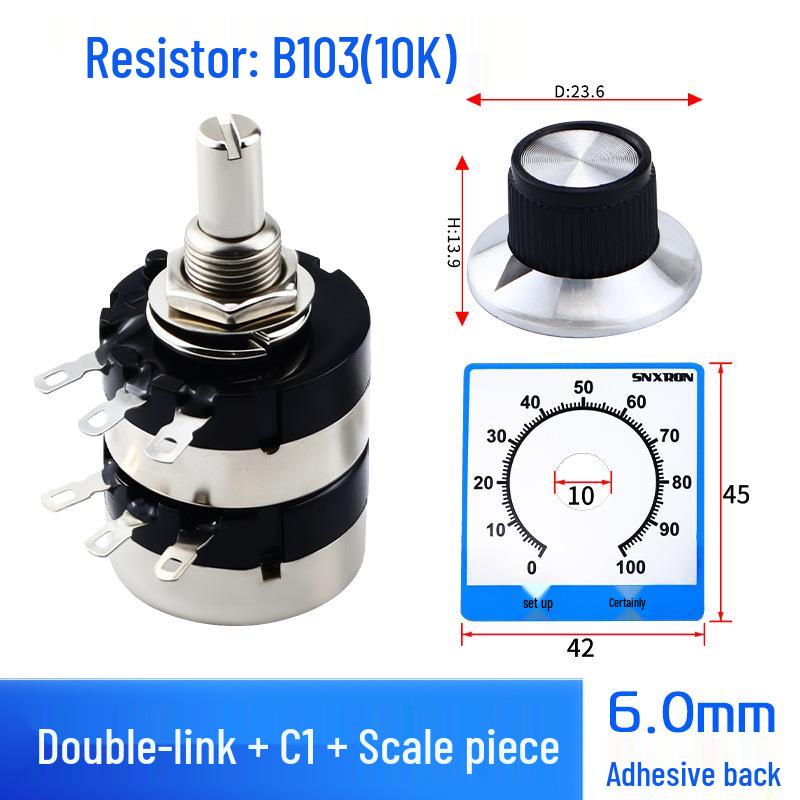 Dual-Gang Carbon Film Potentiometer: RV24YG20S, Variable Frequency Speed Control with B102/202/502 Knob Scale, Available In 5K/20K Ohm.