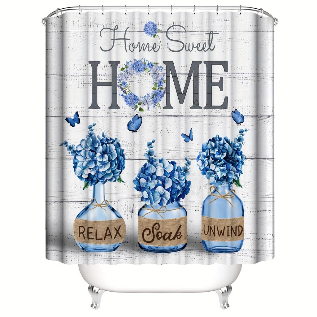 Juego de 4 cortinas de ducha de lujo con diseño de mariposas y hortensias azules, impermeables para baño, alfombras de baño antideslizantes, tapa de inodoro, alfombrilla de baño