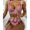 Women's Sexy  Lace Flower Embroidery Underwear Sexy Three-piece Suit With Steel Ring