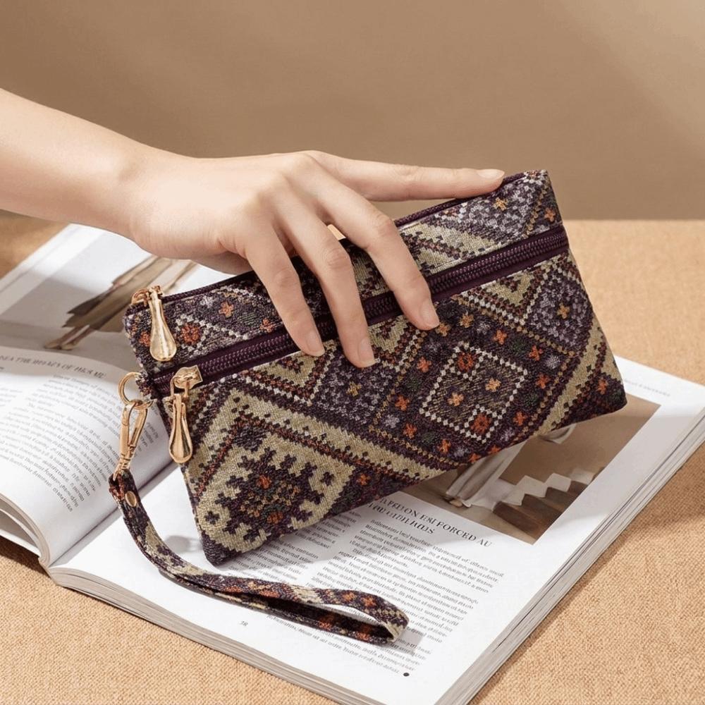 Retro Ethnic Style Clutch Purse Double Zipper Wristlet Wallet Long Wallet Cell Phone Storage