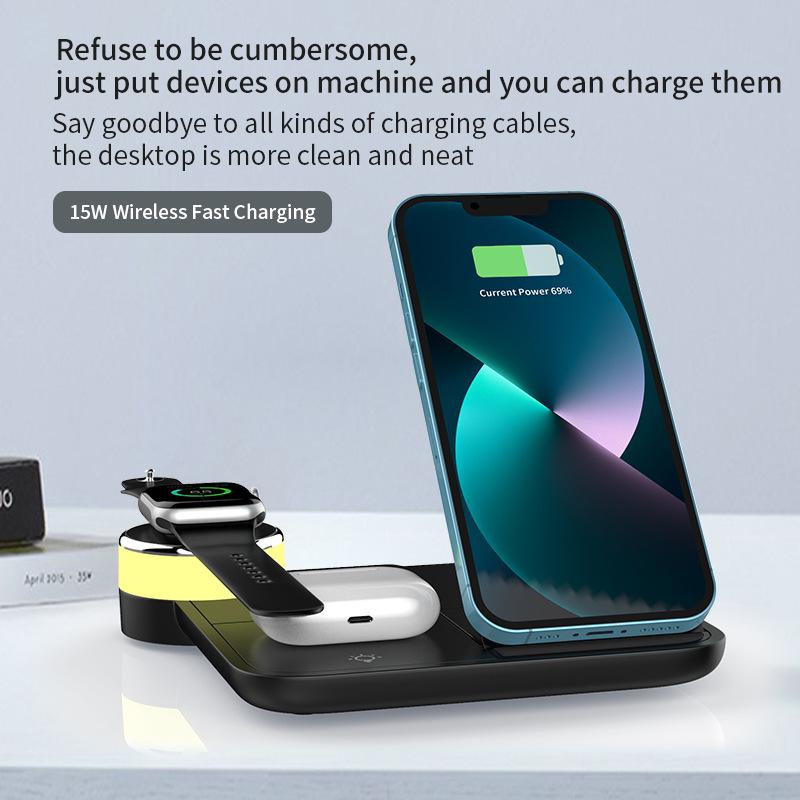 3-in-1 mobile phone universal wireless charging, colorful ambient light 15W fast charging wireless charger