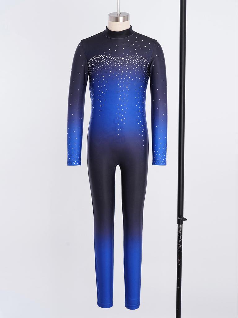 Kids Girls Asymmetrical Rhinestone Ballet Dance Leotard Sheer Mesh Gymnastics Jumpsuit Full Body Suit Figure Skating Dancewear