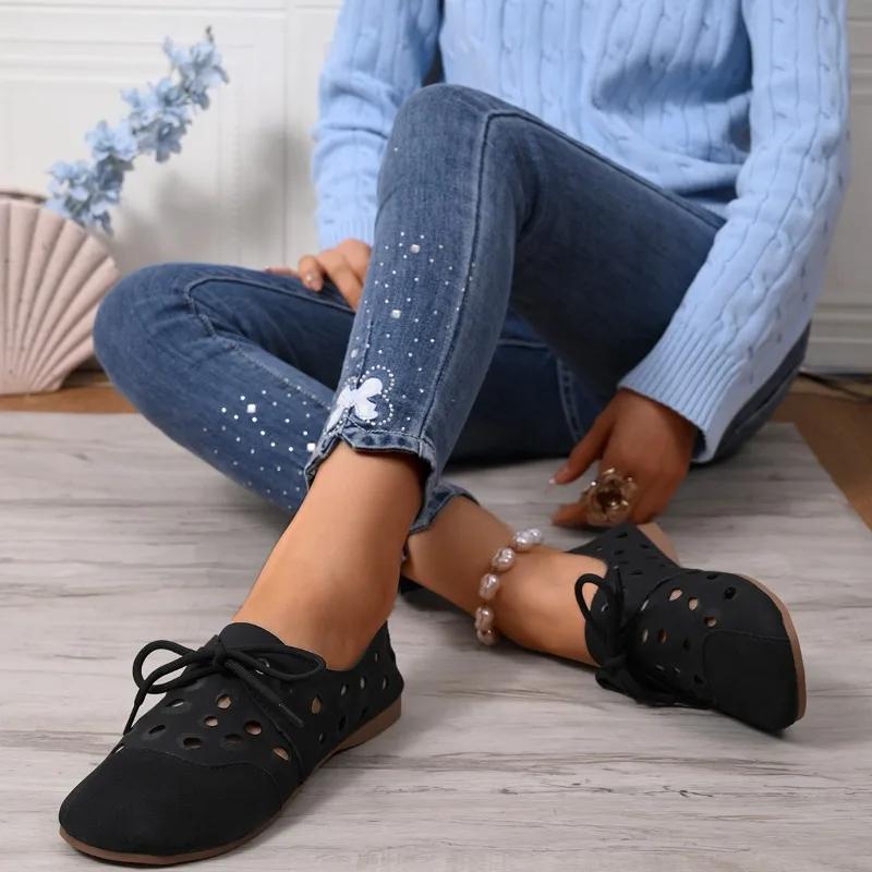 2025 Vår Nye Damesko Mote Runde Tå Ballerinaer Lett Snøring Enkeltsko Utendørs Fritidssneakers Størrelse 36-43