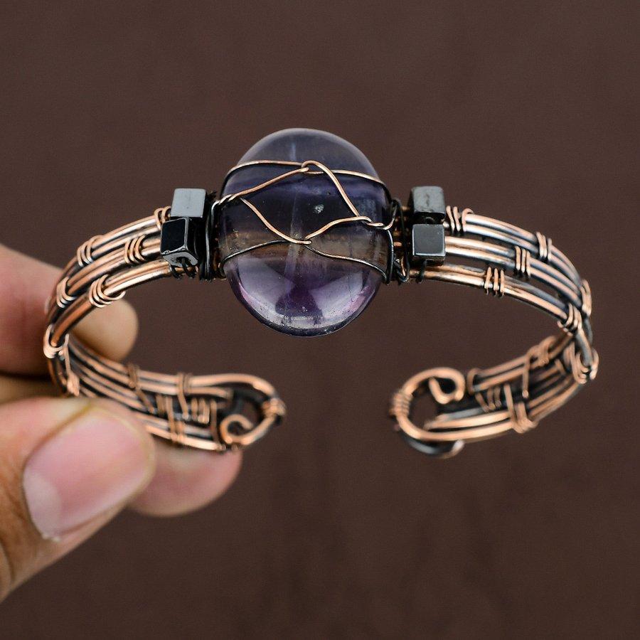 Fluorite Handmade Copper Wire Wrap Cuff Bangle Adjustable I9C24