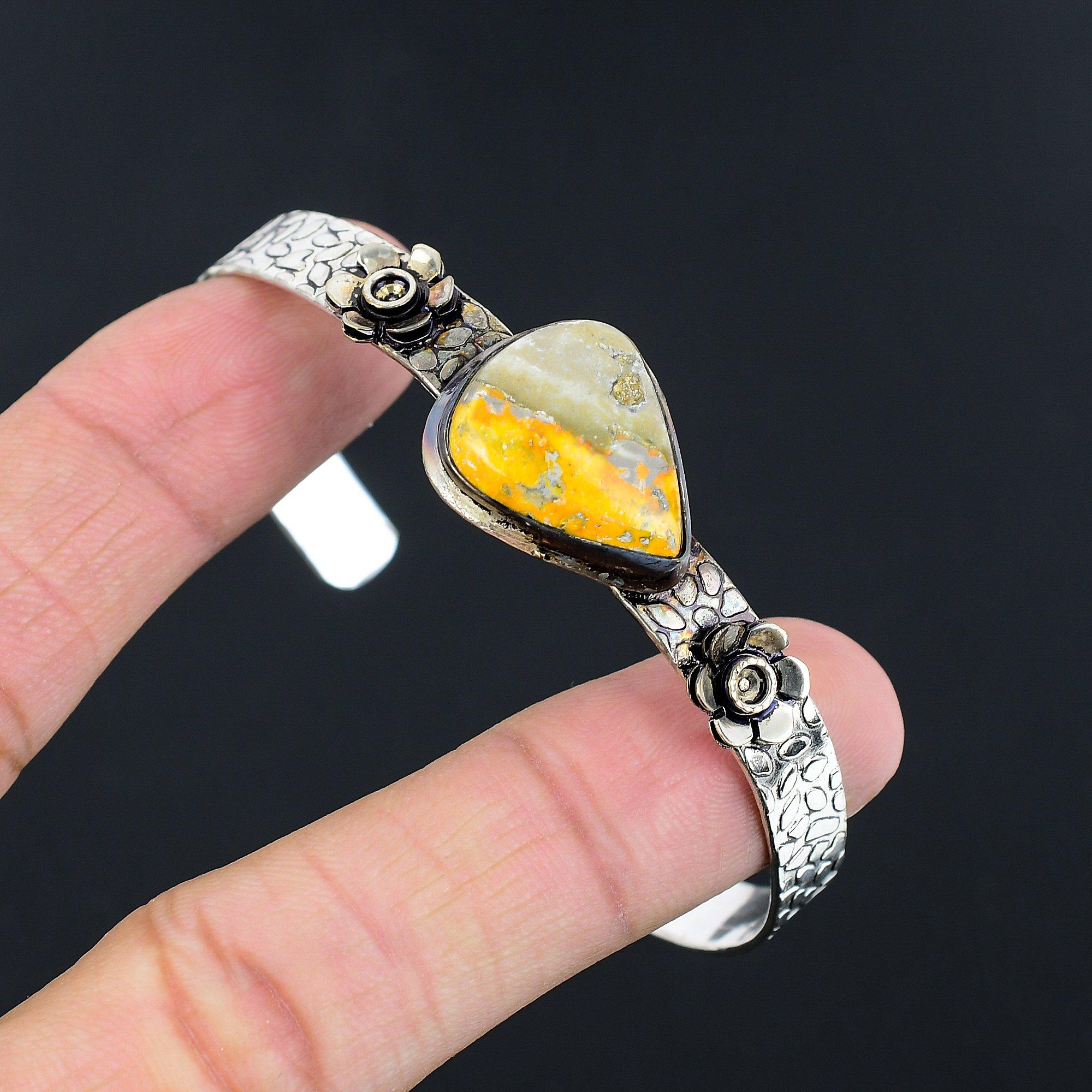 

Gift For Women Bangle Flower Adjustable 925 Silver Natural Bumble Bee Jasper Adjustable