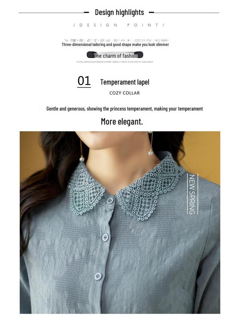 2023 Spring Women's Cotton Jacquard Shirt with Doll Collar and Long Sleeves