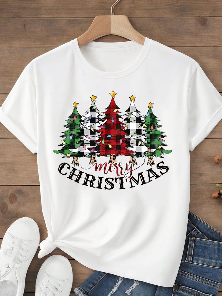 (Asian Size)sweet tree Tee Top festival  Merry Christmas New Year Holiday Women Print Lady Short Sleeve Fashion Graphic T-shirts